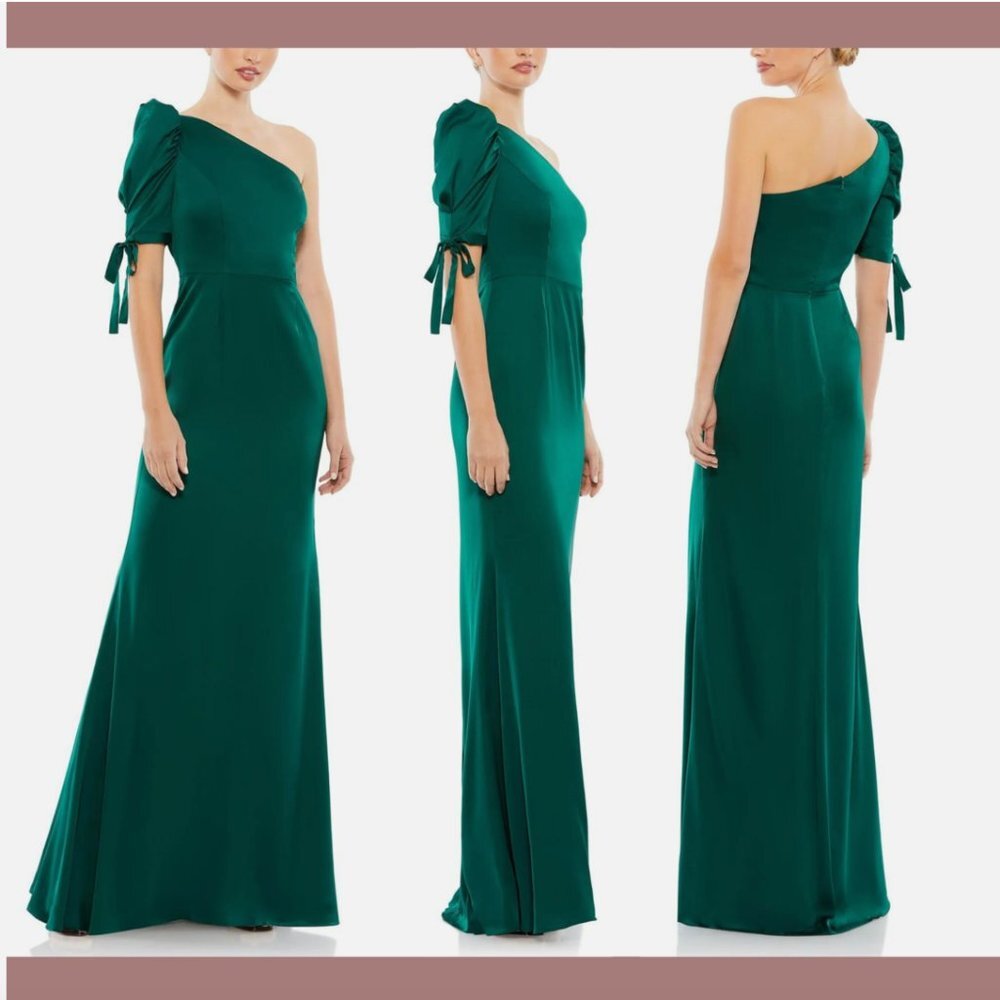 NWT $358‎ IEENA Mac Duggal [ 4 ] Satin One Shoulder Puff Sleeve Gown Green Q470